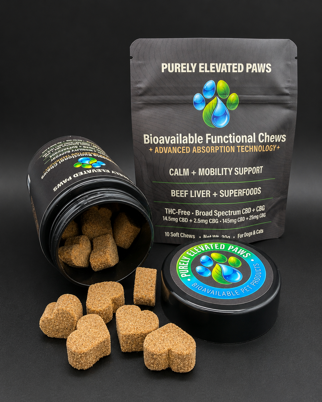Open jar and 10-count bag of Purely Elevated Paws bioavailable functional chews with CBD CBG and Deeper Green technology