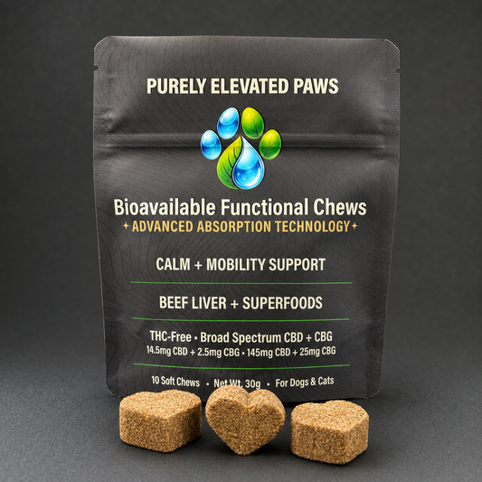 Purely Elevated Paws 10-count bag of THC-free CBD and CBG bioavailable functional soft chews for dogs and cats
