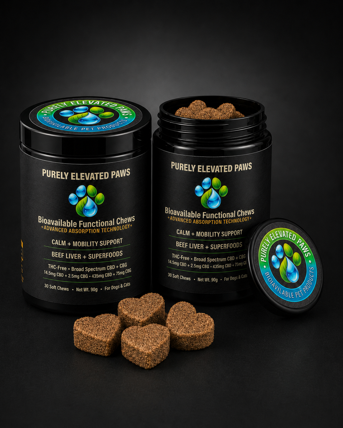 Purely Elevated Paws Daily Routine Duo with two 30-count jars of THC-free CBD and CBG soft chews for two-dog households